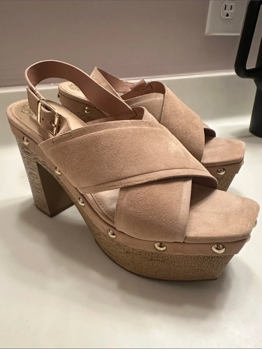 Vince Camuto Taupe Suede Crisscross Platform Sandals
